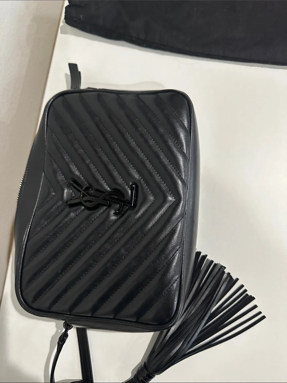 Saint Laurent Black Chevron Quilted Leather Crossbody with Tassel